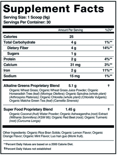 Supplement ingredients, facts & nutritional label for Organifi